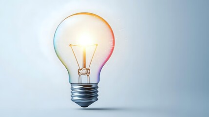 Poster - Glowing light bulb with colorful rainbow halo effect against soft blue background, symbolizing creative innovation and bright ideas for business concepts.