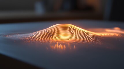 Poster - Glowing orange wave pattern with luminous ripples creates dynamic topographic landscape effect against dark background, suitable for technology and data visualization.
