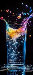 Poster - Dynamic splash in tall glass with colorful liquid drops creating vibrant pink and blue patterns against dark background, bubbles floating upward in carbonated drink.
