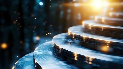 Poster - Metallic circular steps with golden light effects and bokeh particles creating futuristic technological atmosphere for business concept backgrounds.