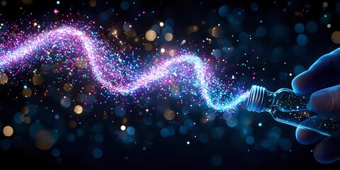 Poster - Magical glowing light trail flowing from light bulb with sparkles and bokeh effects against dark background, creative energy concept.