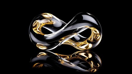 Poster - Luxurious infinity symbol in black and gold metallic finish with reflective surface on dark background, representing endless possibilities and premium design concept.