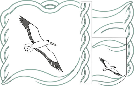 vector illustration of a bird,border, wavy rectangle frames. blank wiggly borders for photo frame, text box, design element. transparent png and vector illustration.