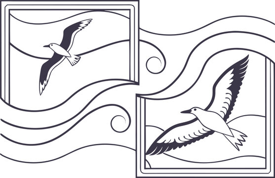 vector illustration of a bird,border, wavy rectangle frames. blank wiggly borders for photo frame, text box, design element. transparent png and vector illustration.