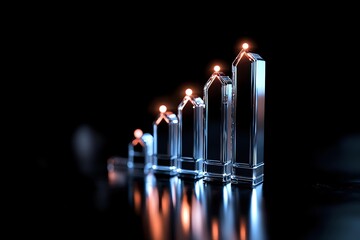 Poster - Glowing crystal pillars arranged in ascending order create dramatic lighting effect with orange highlights and reflections on dark background, business growth concept.