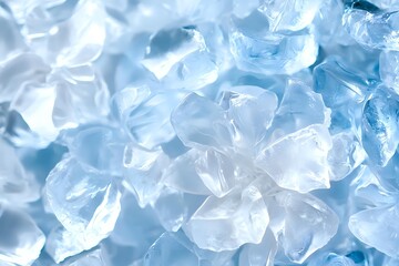 Poster - Macro shot of crushed ice cubes with blue tint background showing crystalline texture and translucent frozen water fragments in bright lighting conditions.