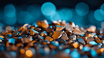 Poster - Shimmering copper and orange butterfly wings scattered on dark background with dreamy turquoise bokeh lights creating magical atmosphere.