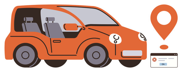 Poster - Compact red vehicle, large map pin denoting location, error notification panel emphasizing navigation errors. Ideal for travel, transportation, maps, error, mobility, road trip user interface