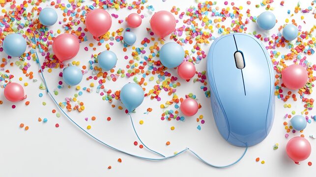 Colorful confetti, balloons, and a blue computer mouse on white background