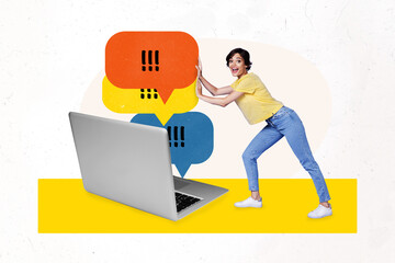 Aufkleber - Sketch template design photo collage of young lady smile hand push sms sticker note comment message attention bubble laptop remote