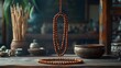 © Undersea - Wooden prayer beads hanging over rustic table with traditional meditation bowls and incense sticks in dark atmospheric setting, spiritual wellness concept.