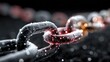 © M&M's 90 - Close-up of a data network chain glowing with digital connections, symbolizing secure technology and blockchain innovation on a black background.