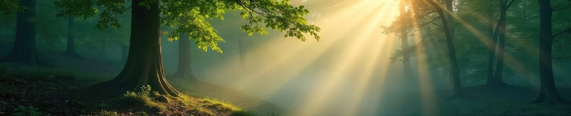 Wall Mural - Ethereal mist clinging to leaves, creating a mystical and serene forest scene at dawn Sunlight filters through the fog, highlighting the delicate details of the foliage , detail, environment