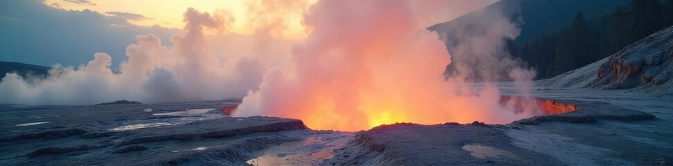 Wall Mural - Ethereal wisps of cloud steam rising from a geothermal vent, creating a mystical, otherworldly atmosphere Perfect for fantasy, nature, or environmental themes , steam, fog
