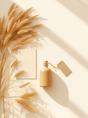 Poster - Minimalist arrangement featuring wheat stalks, a blank card, a ceramic bottle, and a kraft tag on a light surface