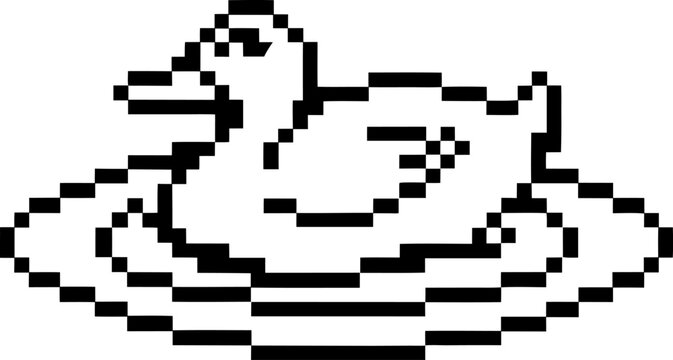 Pixelated duck floating on water, retro 8 bit illustration minimalist black and white aquatic animal, vintage digital art