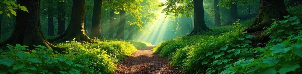 Wall Mural - Serene forest trail winding through lush greenery, dappled sunlight filtering through leaves, creating a magical atmosphere Perfect for adventure, nature, travel, and hiking themes , scenery, trees