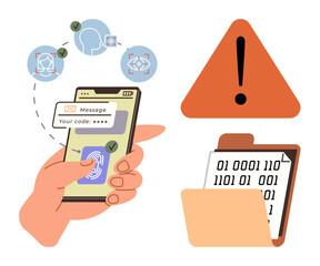 Poster - Hand holding smartphone with fingerprint scan and authentication icons. Binary data folder and warning triangle signaling cybersecurity risks. Ideal for security, technology, privacy, verification
