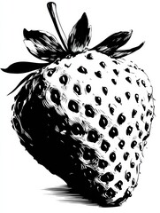 Poster - Elegant Black-And-White Illustration of a Strawberry Showcasing Vivid Red Seeds Against a Clean Backdrop