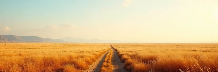 Wall Mural - Vast, open landscape stretching to the hazy, distant horizon; endless plains meeting a pale sky  A sense of limitless possibility and far-reaching views under a clear sky  ,  steppe,  outdoor