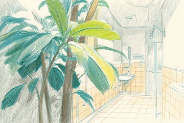 Poster - Interior sketch of a bright bathroom featuring a leafy plant and tiled walls with warm colors