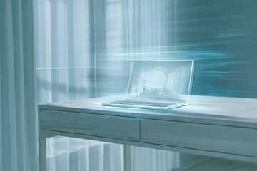 Poster - Digital interface displayed above a modern laptop on a sleek wooden table in a contemporary workspace