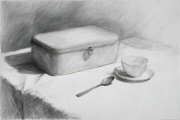 Poster - Still life composition featuring a box, cup, and spoon on a table set in a softly lit room