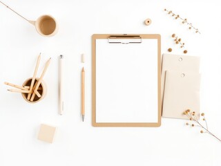 Poster - Minimalist workspace with stationery and dried florals showcasing a blank clipboard for creative content and planning