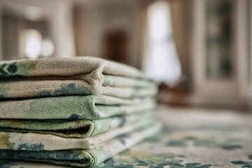 Poster - Beautifully folded linens arranged neatly on a table in a cozy home setting during the afternoon light, showcasing floral patterns and textures