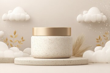 Poster - Sleek skincare jar surrounded by soft clouds and gentle foliage on a pastel background