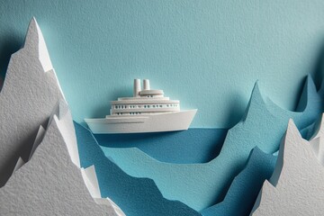Poster - Creative paper art depicting a cruise ship sailing through stylized mountains and ocean waves in a serene blue color palette