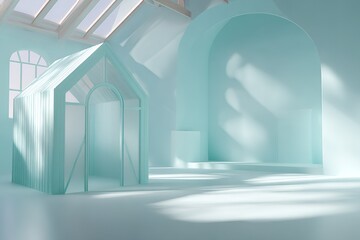 Poster - Bright and airy indoor space featuring a mint green structure and soft light filtering through the windows
