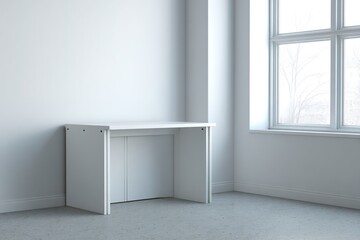 Poster - Minimalist white desk in a bright room with large windows and soft natural light during daytime