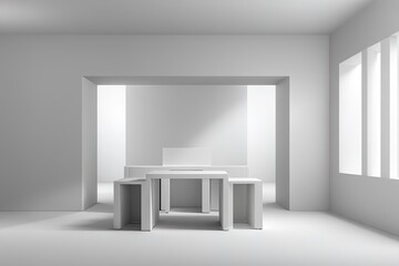 Poster - Bright minimalist interior design featuring a white dining table and chairs in a spacious room with natural light