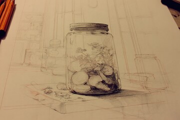 Poster - Artistic drawing of a jar filled with vegetables placed on a table in a sunlit studio during a calm afternoon