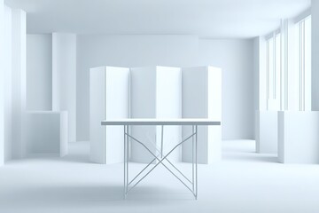 Poster - Minimalist interior with white partitions and a simple table in a light-filled space
