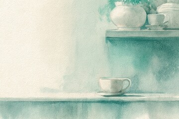 Poster - Delicate watercolor painting of a cup on a soft pastel shelf with subtle plant details in a tranquil setting