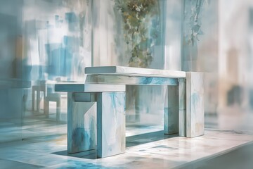 Poster - Stylish modern furniture arrangement featuring a unique table and bench in a bright, artistic setting