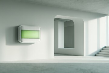 Poster - Modern minimalist interior design with green wall feature and bright lighting in a spacious room