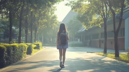 Leinwandbilder - Young student wearing uniform and backpack walking on a tree lined path toward school buildings on a sunny morning, symbolizing back to school and education