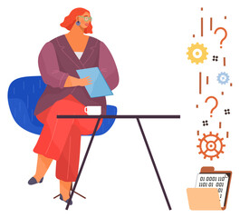 Poster - Woman seated at desk holding document, surrounded by visual elements thumbs up gears, question marks, and binary folder. Ideal for problem solving, innovation, data analysis, brainstorming