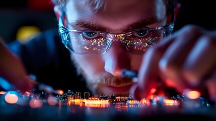 Poster - Young bearded man in glasses working at night with glowing electronic circuit board, focused on detailed technical inspection with red and blue lighting effects.