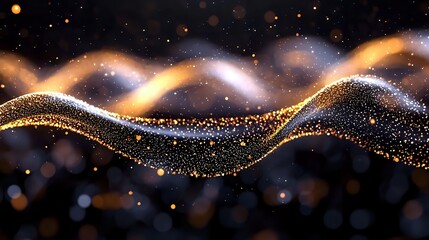 Poster - Glowing golden particles form elegant waves against dark background with sparkling bokeh lights and magical dust effect creating cosmic atmosphere.