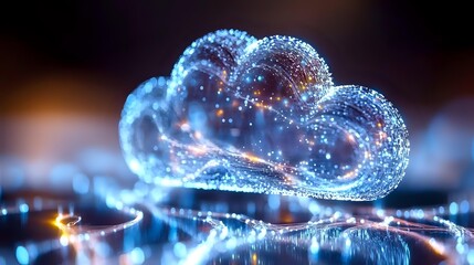 Poster - Glowing cloud computing symbol with sparkles and light trails on dark background, representing digital transformation and network connectivity.