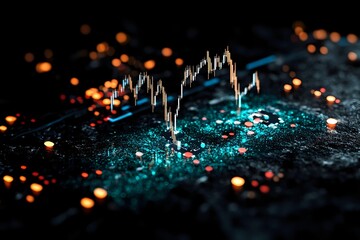 Poster - Stock market graph with glowing turquoise particles and orange bokeh lights on dark background, financial data visualization for investment analysis.