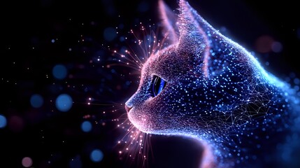 Poster - Mystical cat silhouette made of glowing particles and sparkles against dark background, cosmic energy flows creating magical feline profile in blue and pink colors.