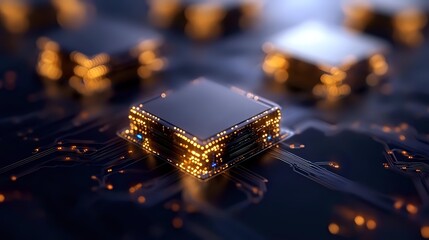 Poster - Glowing microchip on dark circuit board with golden light effects and bokeh. Modern computer processor technology concept for digital innovation and AI computing.