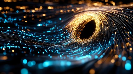 Poster - Glowing golden and blue peacock feather macro with sparkling bokeh effect and light particles creating magical ethereal atmosphere. Perfect for luxury designs.