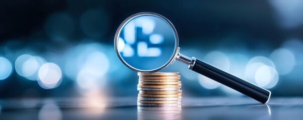 Poster - Stack of golden coins with magnifying glass showing puzzle pieces symbol on blurred blue bokeh background, financial analysis and business solution concept.