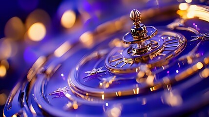 Aufkleber - Futuristic circular metallic rings with golden and purple light effects creating dynamic spiral motion pattern against dark background. Suitable for tech concepts.